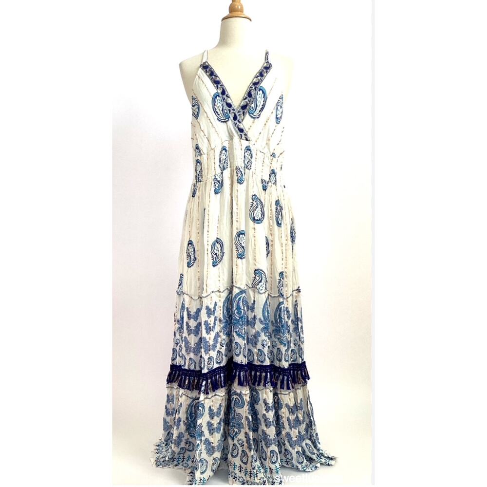 Me 2 Magic Anthropologie Size Small‎ Blue Embroidered Lurex Boho Maxi Dress